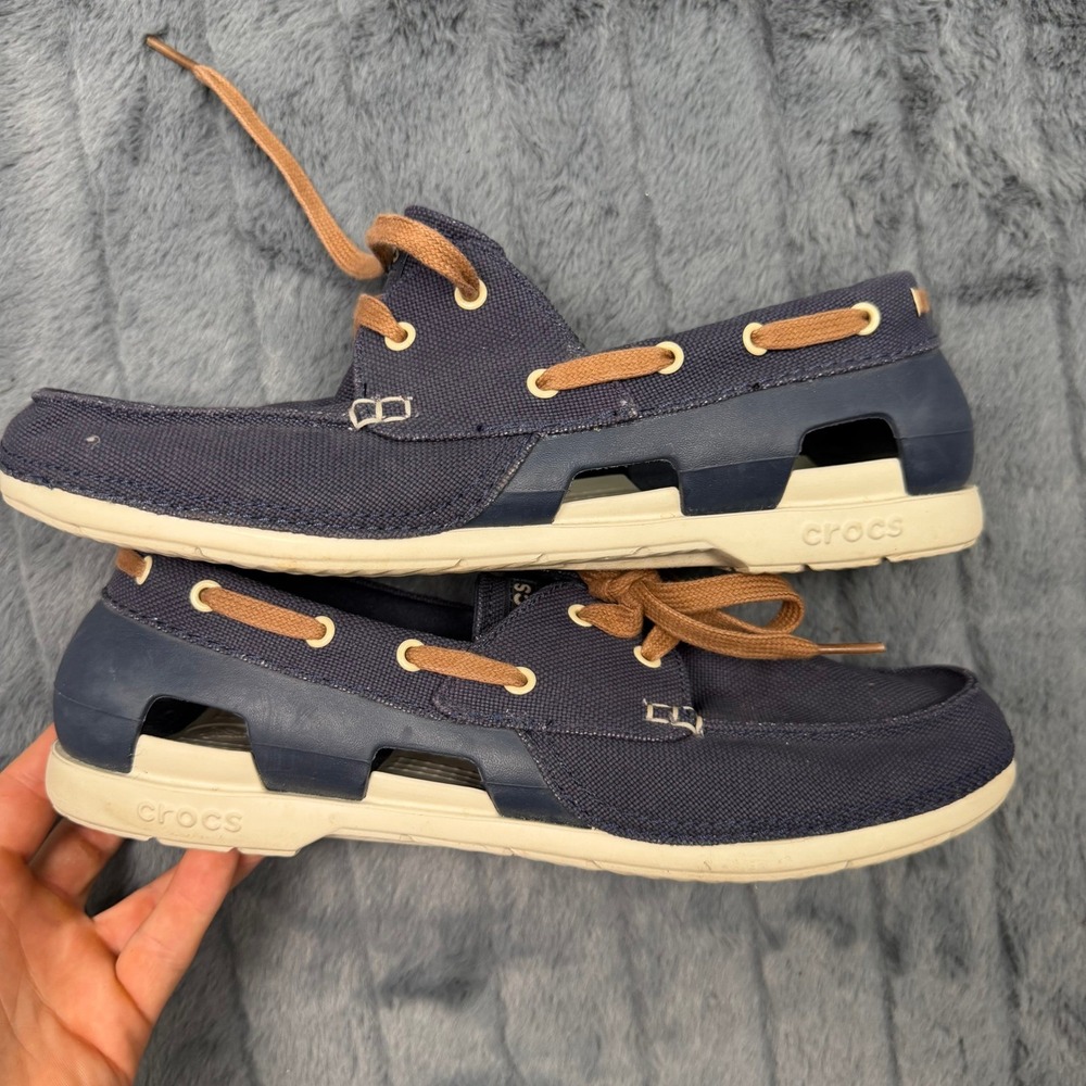 Crocs Mens Beach Line Boat Shoe Navy Blue Tan Canvas Loafer 200247 Size 10